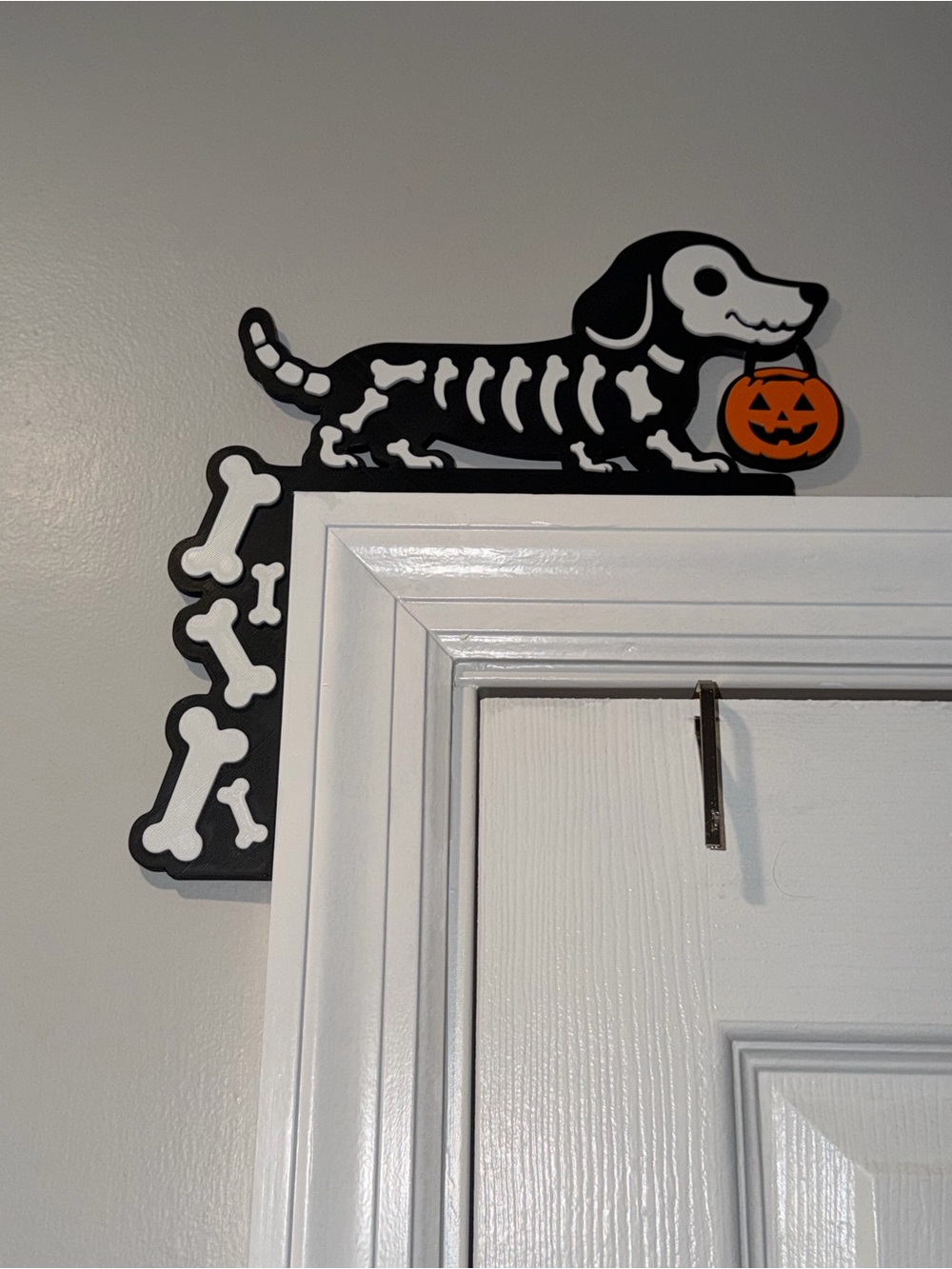 Halloween Skeleton Dachshund Wall Decor - Black & White with Orange Pumpkin